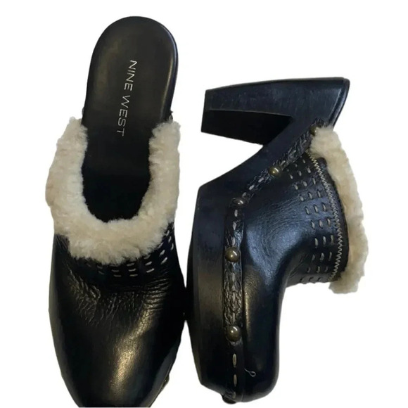 Nine West chunky heel clog mule Studded Black leather Size 8.5 Sherpa Retro - Picture 1 of 12